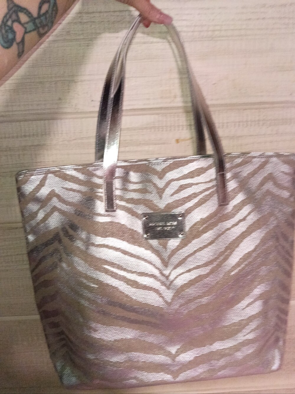 Michael Kors Metallic Rose Gold Zebra-Print Tote